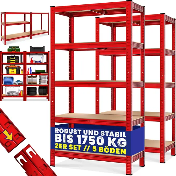 2X Schwerlastregal 180x90x40cm rot 1750kg 10 MDF-Platten