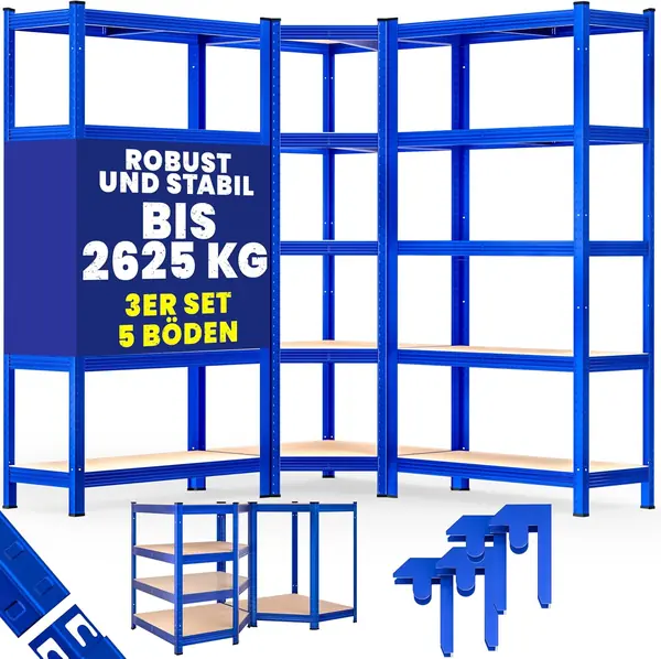 3er Set Schwerlastregal Eckregal 2625 kg 15 MDF-Platten