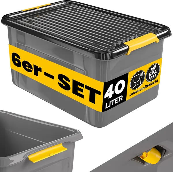 6x Aufbewahrungsbox 40L mit Deckel 40kg belastbar
